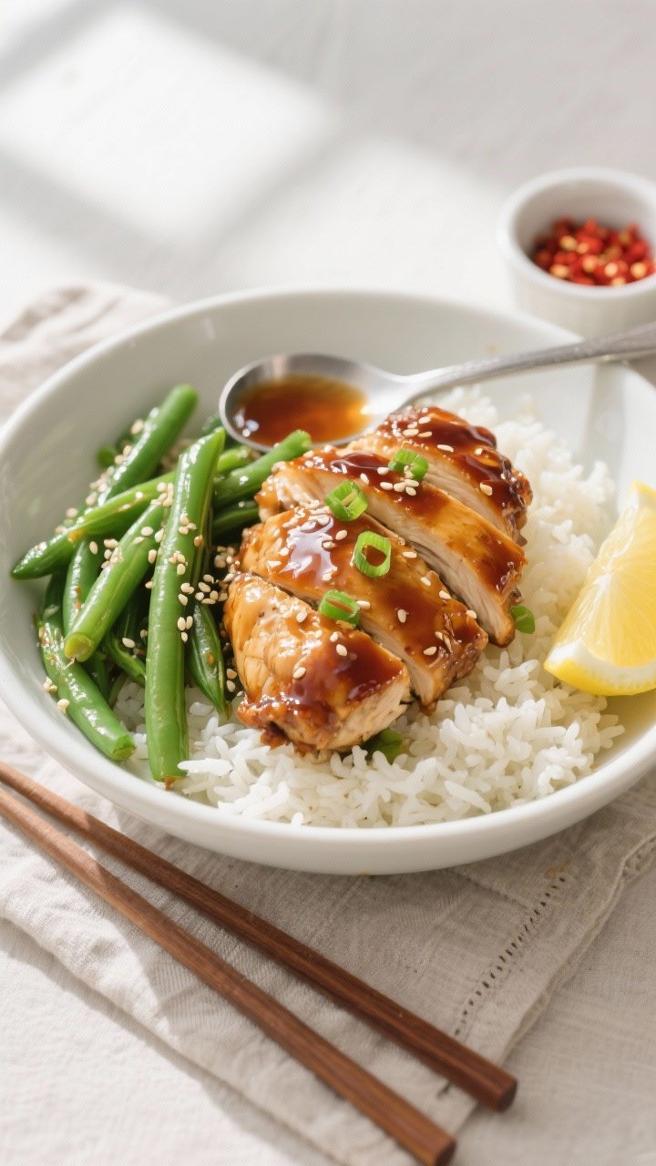Final plated/overhead shot: Overhead shot of honey garlic chicken with green beans served over fluff