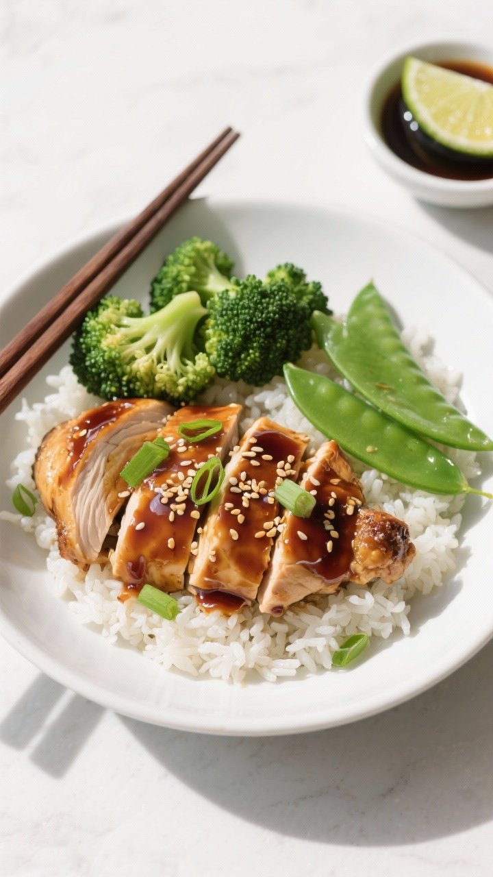 Final plated overhead shot: Teriyaki crockpot chicken served over fluffy jasmine rice in a wide, sha