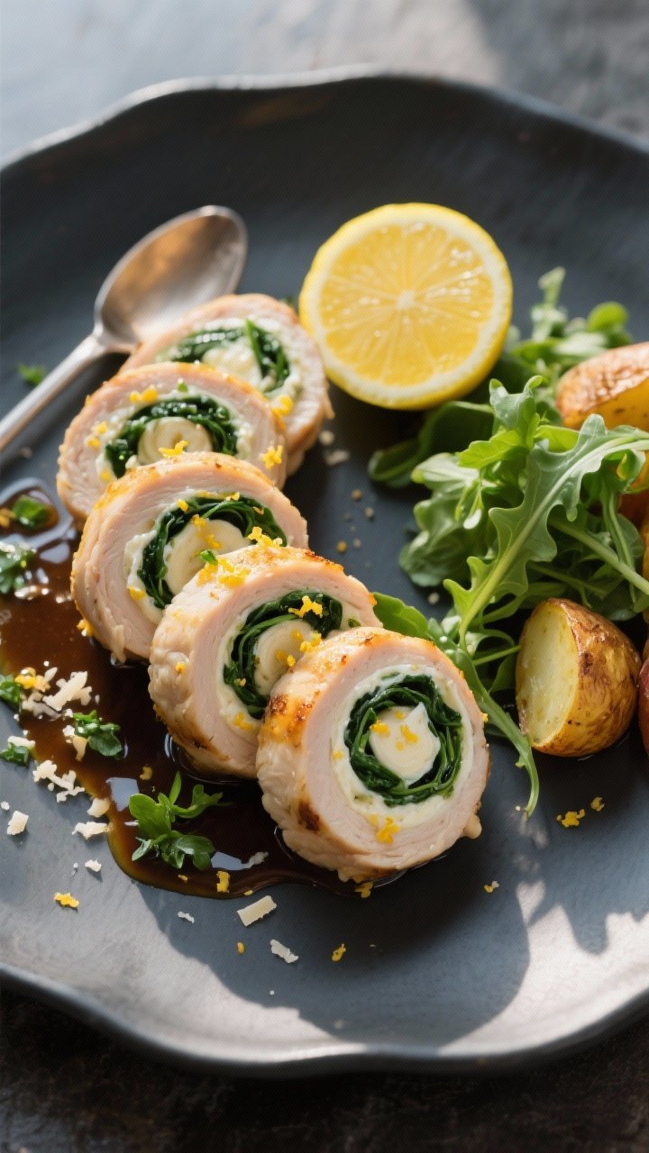 Final plated overhead: Sliced chicken roll-ups arranged in neat medallions on a matte charcoal plate