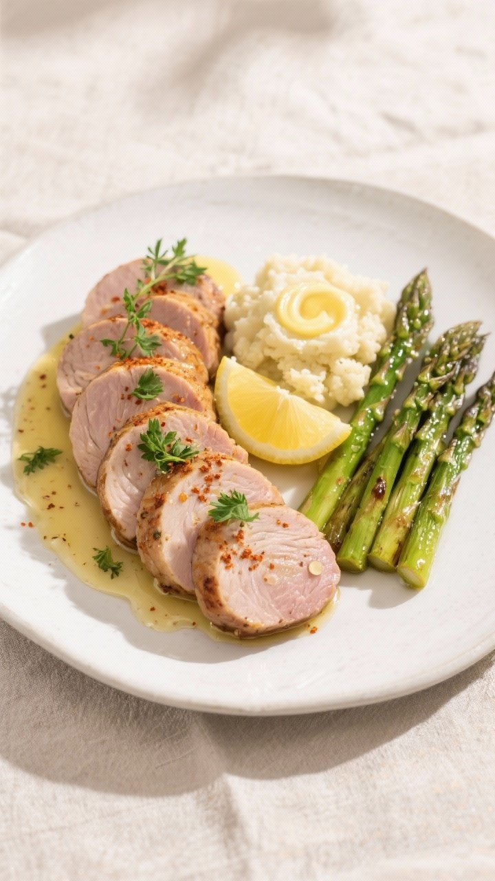 Final plated overhead: Sliced pork tenderloin medallions (1/2-inch) fanned on a matte white plate, g