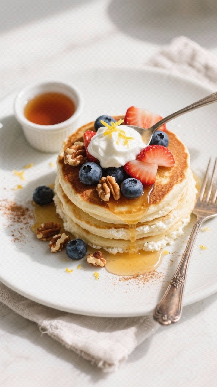 Final plated overhead: Stack of fluffy cottage cheese pancakes on a matte white plate, topped with a