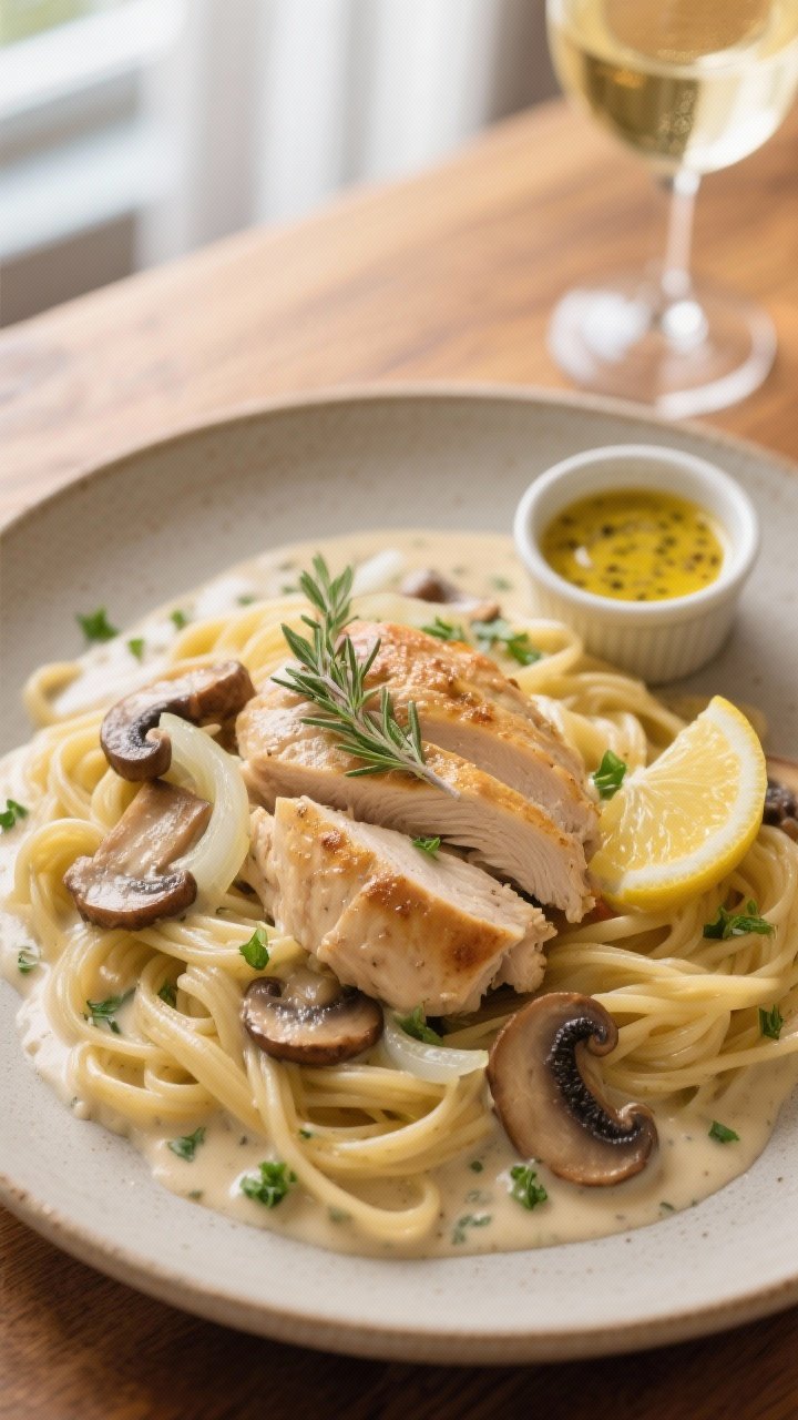 Final plated overhead: Tasty of Creamy Mushroom & Thyme Chicken served over buttery egg noodles; sli