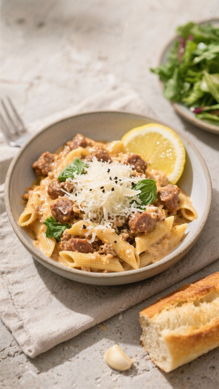 Final plated overhead: Tasty top-down shot of a bowl of Dump-and-Go Creamy Italian Sausage Pasta, sa