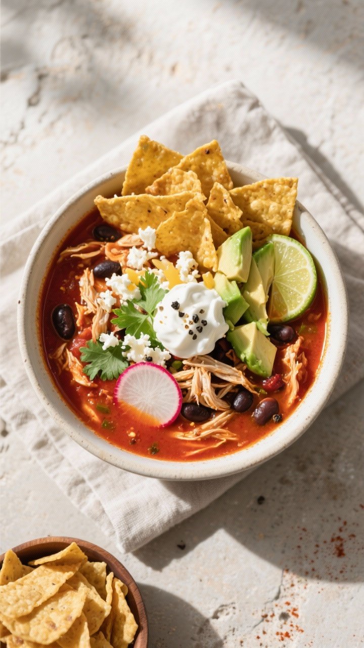 Final plated overhead: Tasty top-down shot of a finished bowl of tortilla soup, vibrant scarlet brot