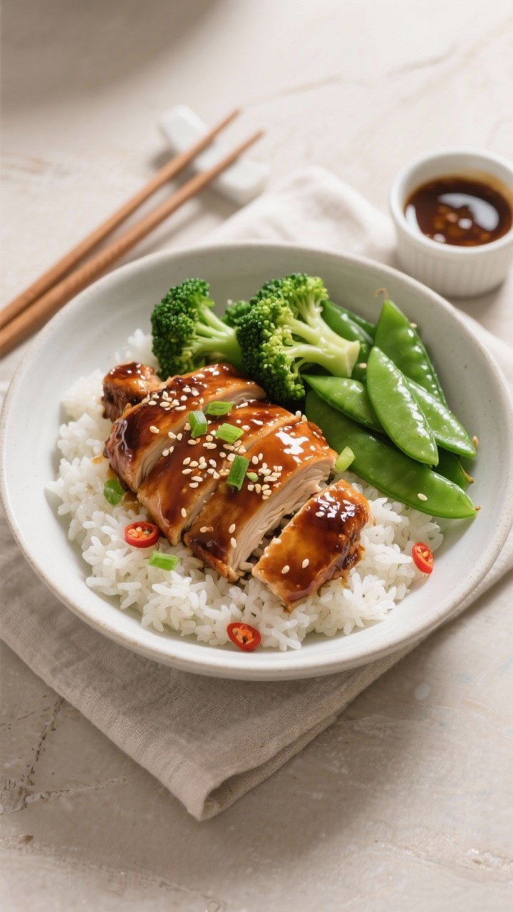 Final plated overhead: Teriyaki chicken served over fluffy white jasmine rice in a wide, matte-white