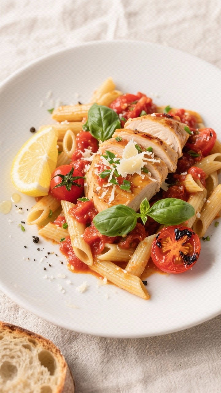 Final plated overhead: Tomato Basil Chicken sliced and fanned over al dente penne, generously spoone