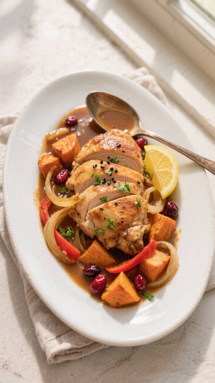 Final plated, overhead top view: Beautifully plated Slow Cooker Chicken and Sweet Potatoes on a wide