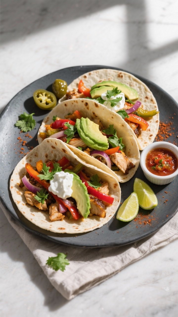 Final plated overhead: Warm flour tortillas filled with juicy chicken fajitas arranged taco-stand st