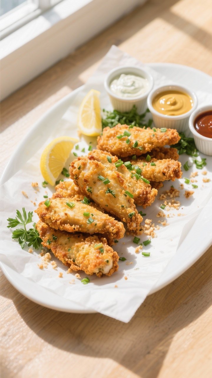 Final plated, tasty top view: Overhead shot of baked crispy ranch chicken tenders arranged on a parc