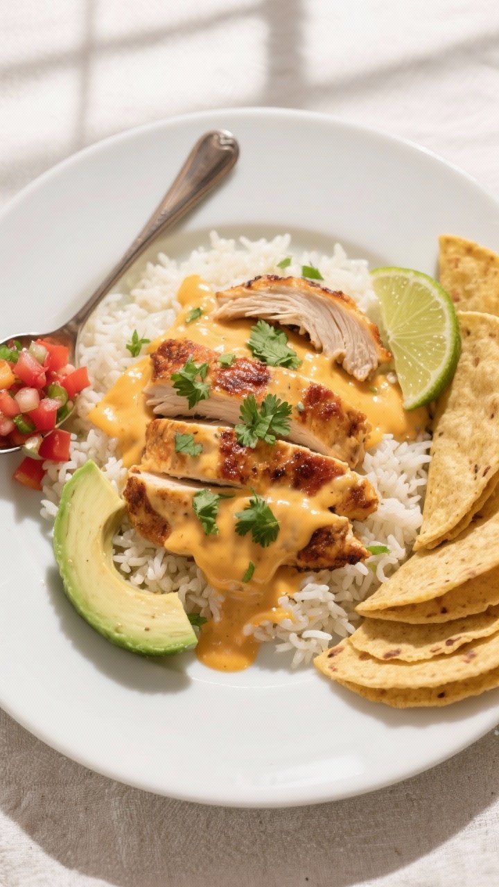 Final plated, tasty top view: Overhead shot of Cheesy Taco Chicken sliced and spooned over cilantro-