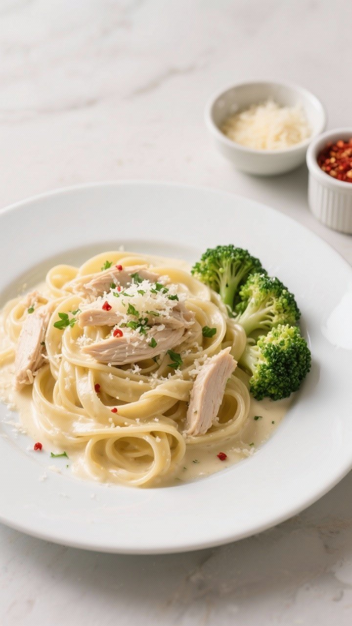 Final plated, tasty top view: Overhead shot of creamy chicken Alfredo twirled into nest-like piles o