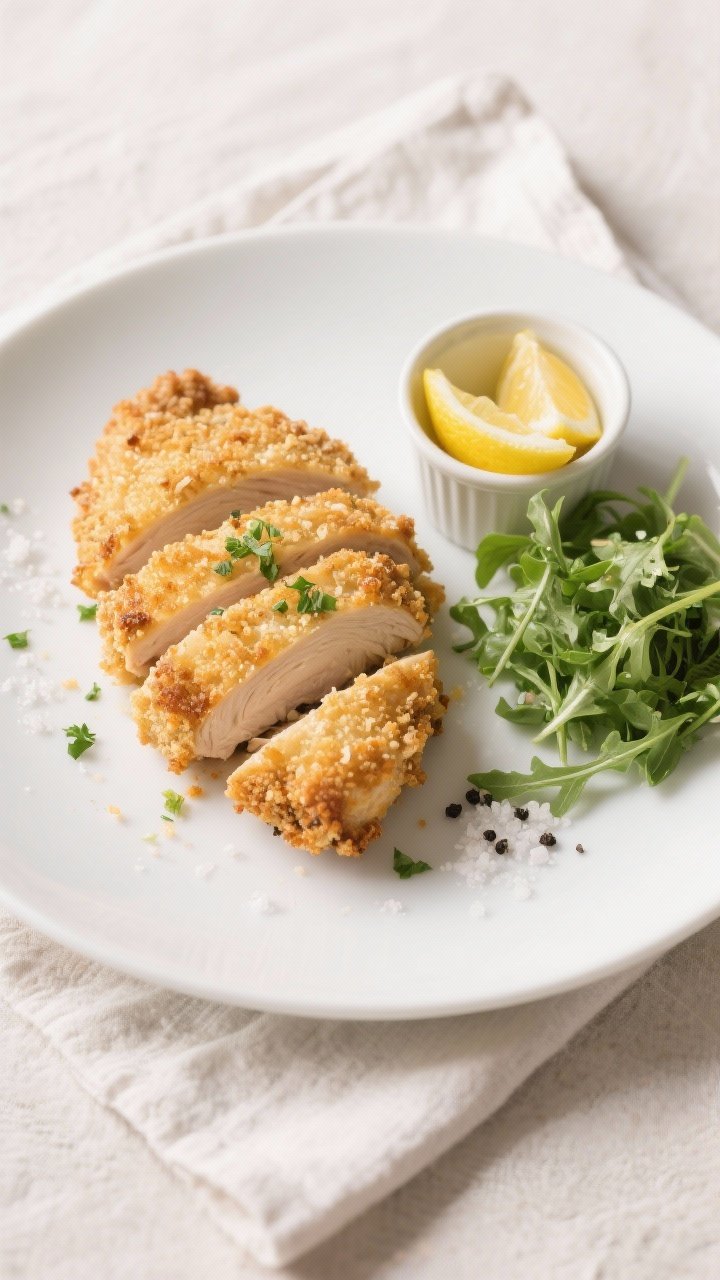 Final plated, tasty top view: Overhead shot of crispy Parmesan crusted chicken on a matte white plat