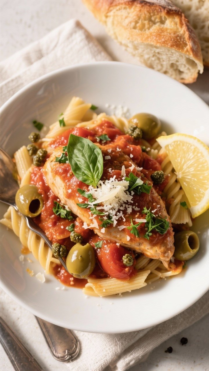 Final plated, tasty top view: Overhead shot of Crockpot Mediterranean Tomato Basil Chicken served ov