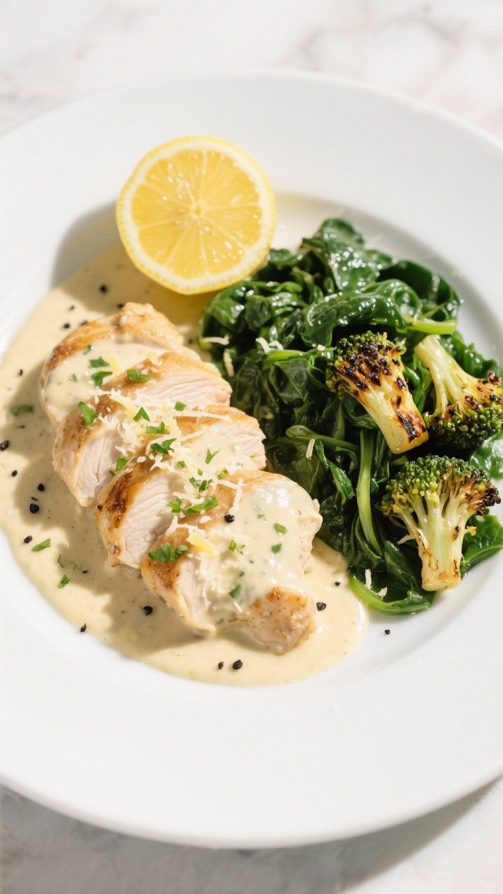 Final plated, tasty top-view: Overhead shot of Low Carb Creamy Lemon Chicken arranged on a wide whit