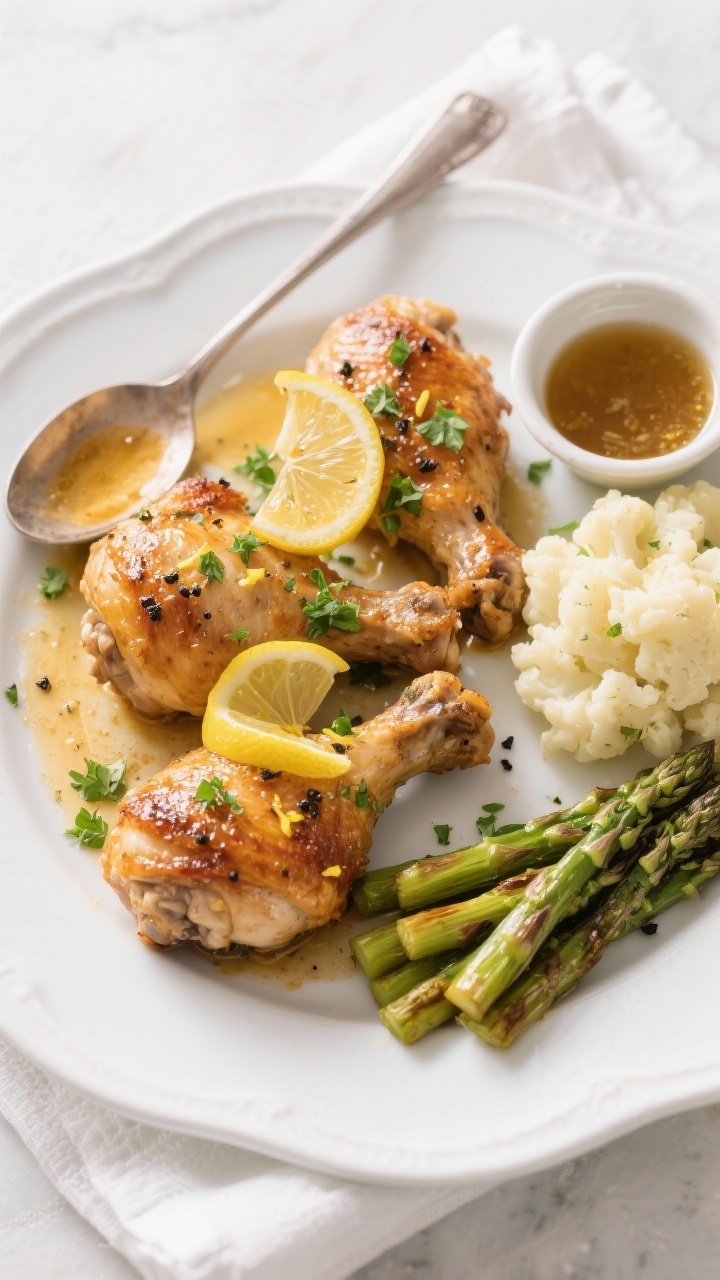 Final plated, tasty top view: Overhead shot of Low Carb Lemon Herb Chicken Thighs plated on a white 