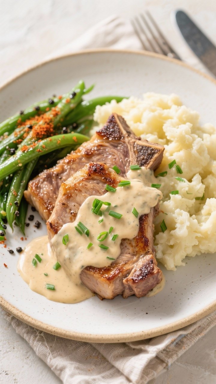 Final plated, tasty top view: Overhead shot of Low Carb Creamy Ranch Pork Chops plated with a genero