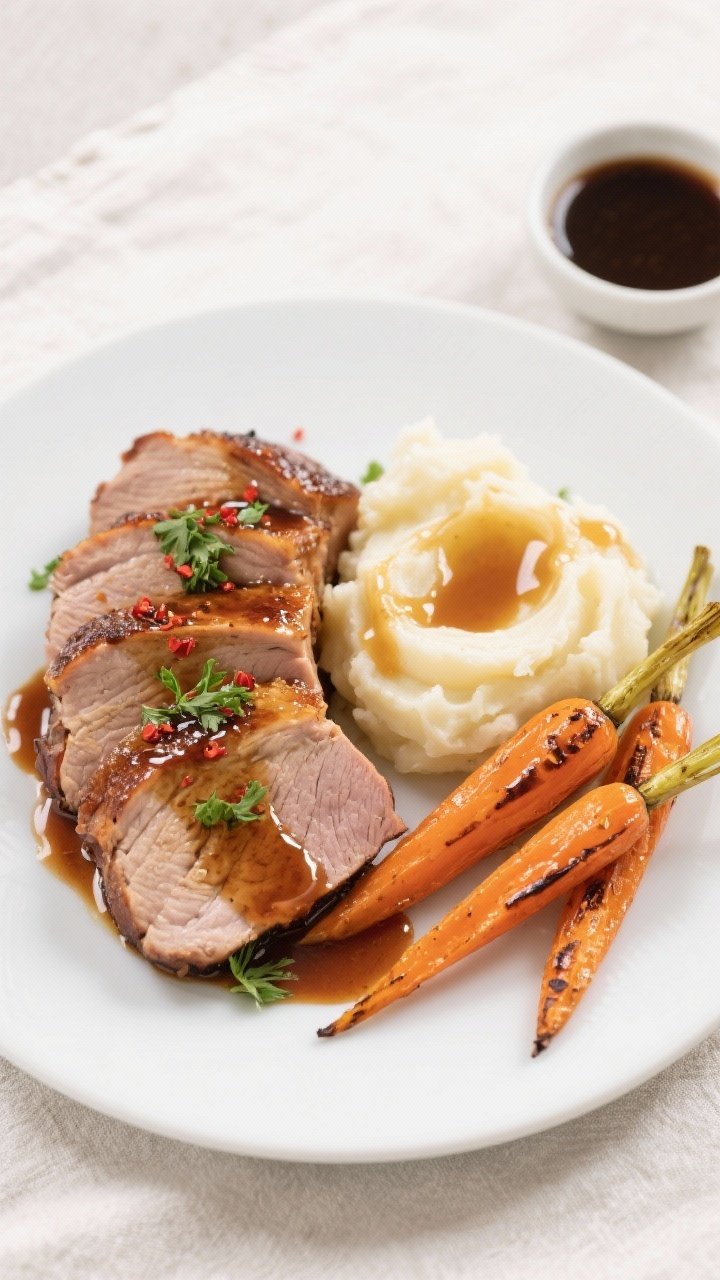 Final plated, tasty top view: Overhead shot of sliced honey balsamic pork loin fanned on a matte whi