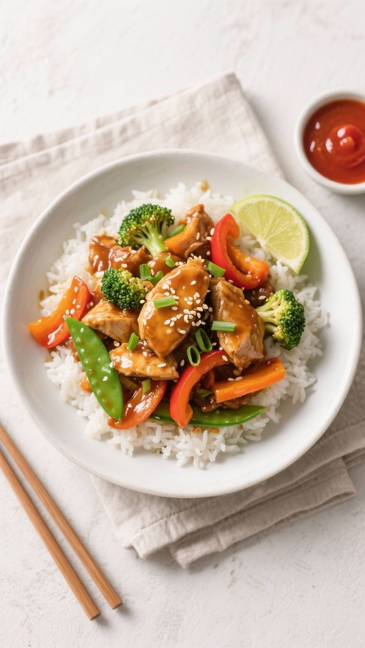 Final plated, tasty top view: Overhead shot of slow cooker chicken stir-fry served over fluffy jasmi