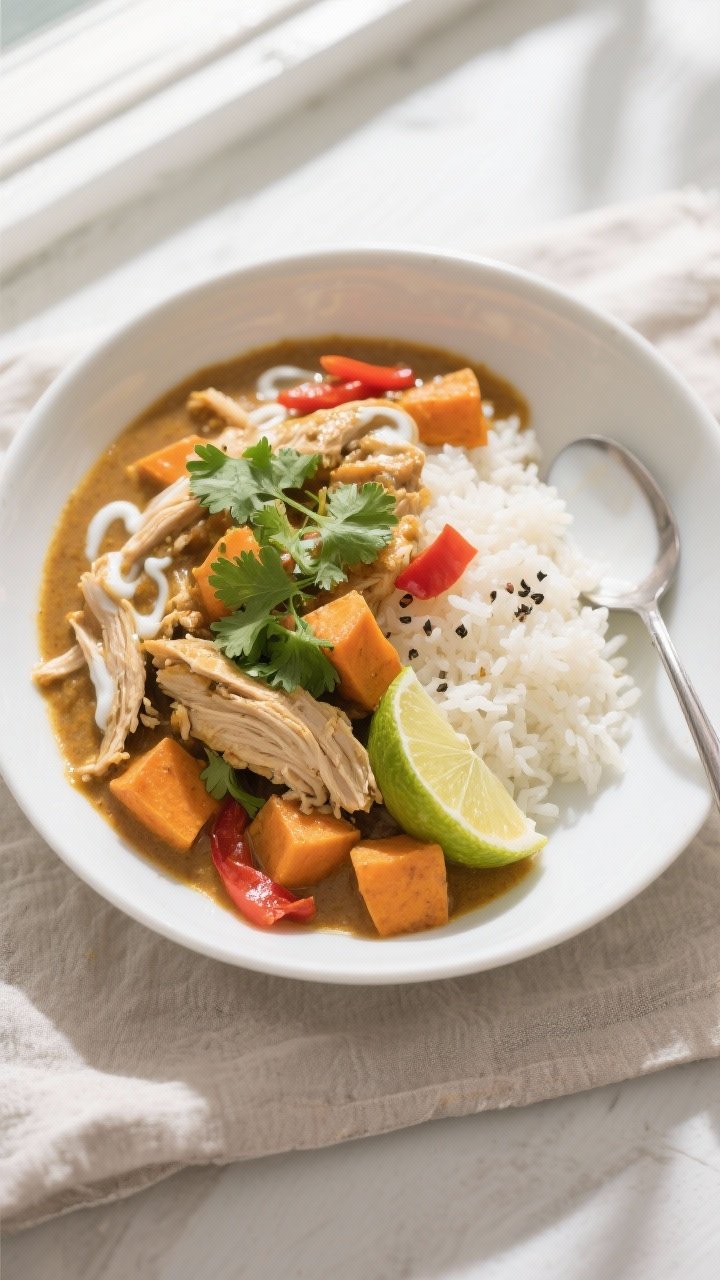 Final plated, tasty top view: Overhead shot of Slow Cooker Coconut Curry Chicken served over fluffy