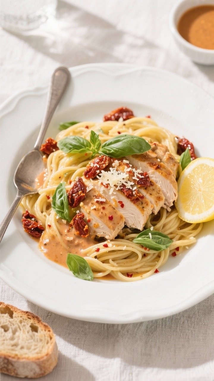 Final plated, tasty top view: Overhead shot of Sun-Dried Tomato & Basil Chicken plated on a wide, wh