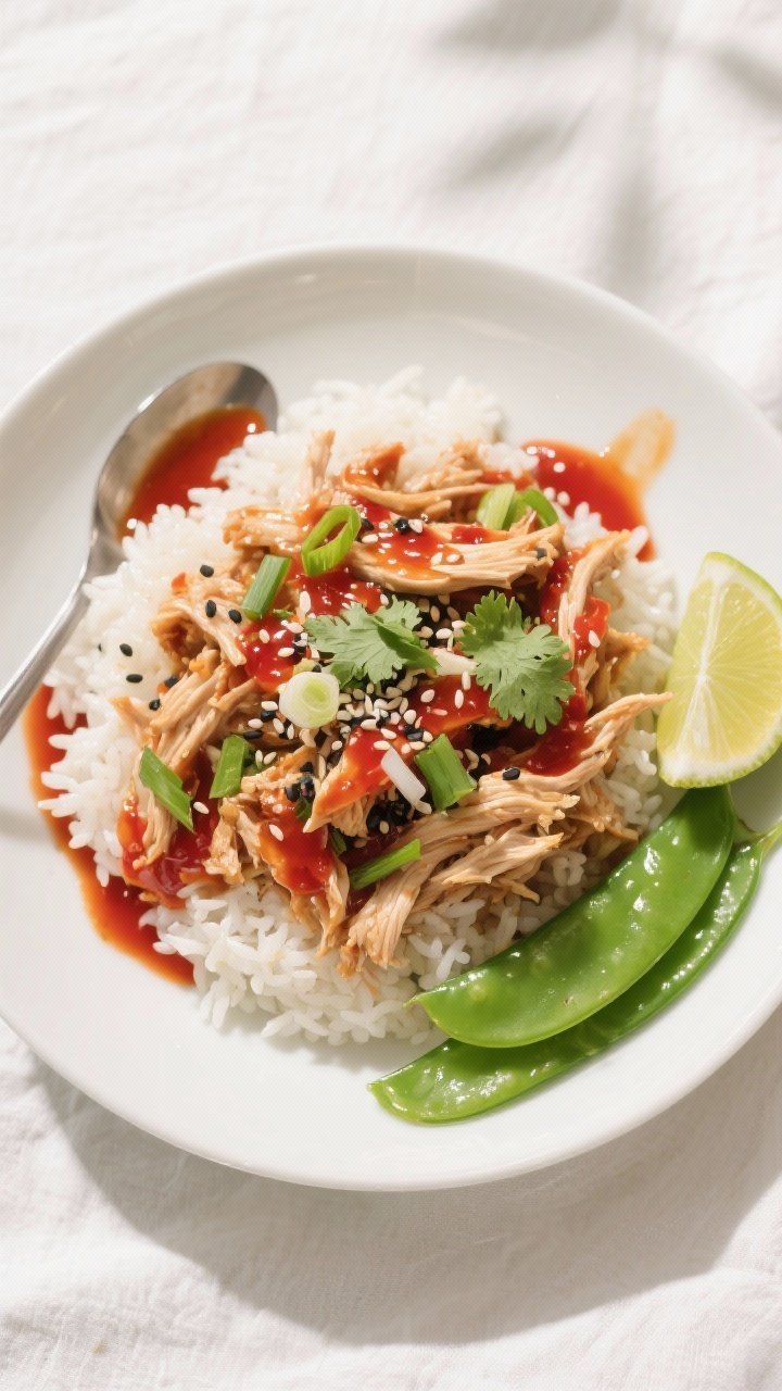 Final plated, tasty top view: Overhead shot of sweet chili shredded chicken piled over fluffy jasmin
