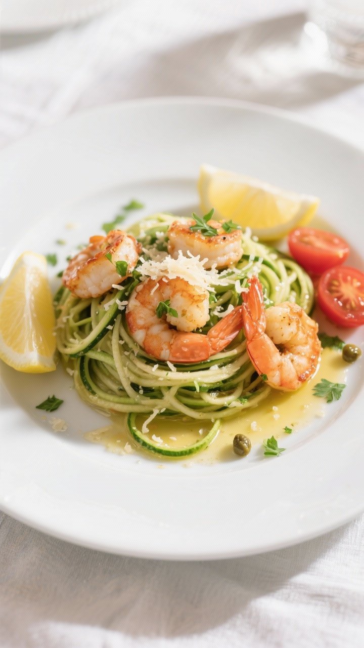 Final plated, tasty top view: Overhead shot of Zoodle Shrimp Scampi twirled into a neat nest on a wi