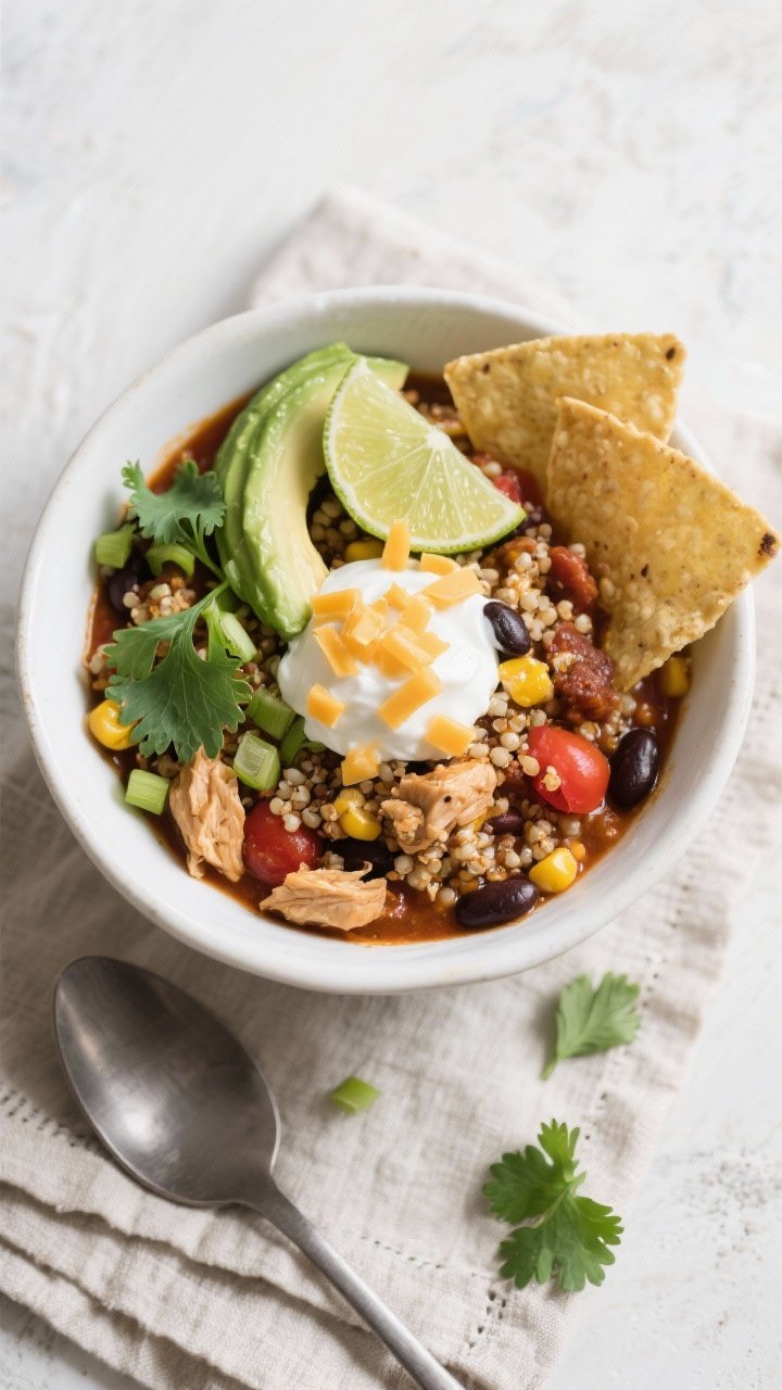 Final plated, top-down bowl: A cozy, restaurant-quality presentation of chicken quinoa chili in a wi