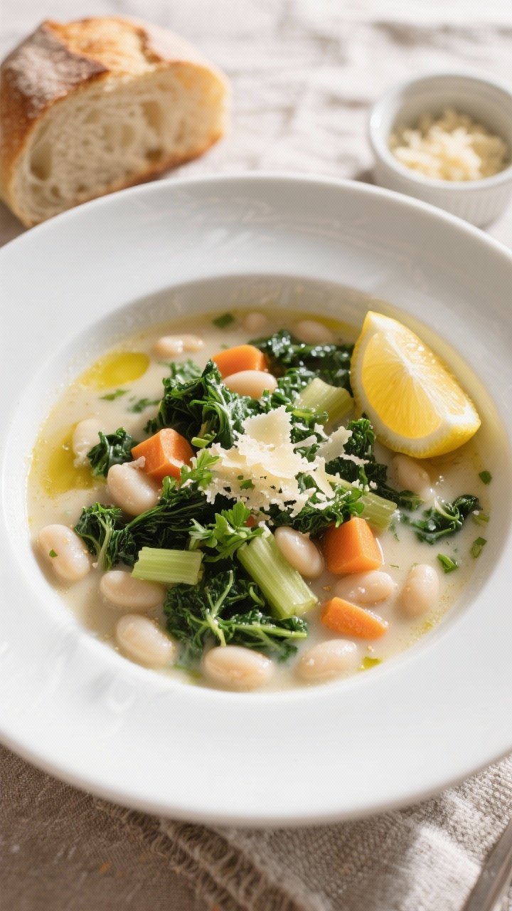 Final plated top-down: Overhead shot of a cozy bowl of White Bean and Kale Soup—creamy, brothy bas