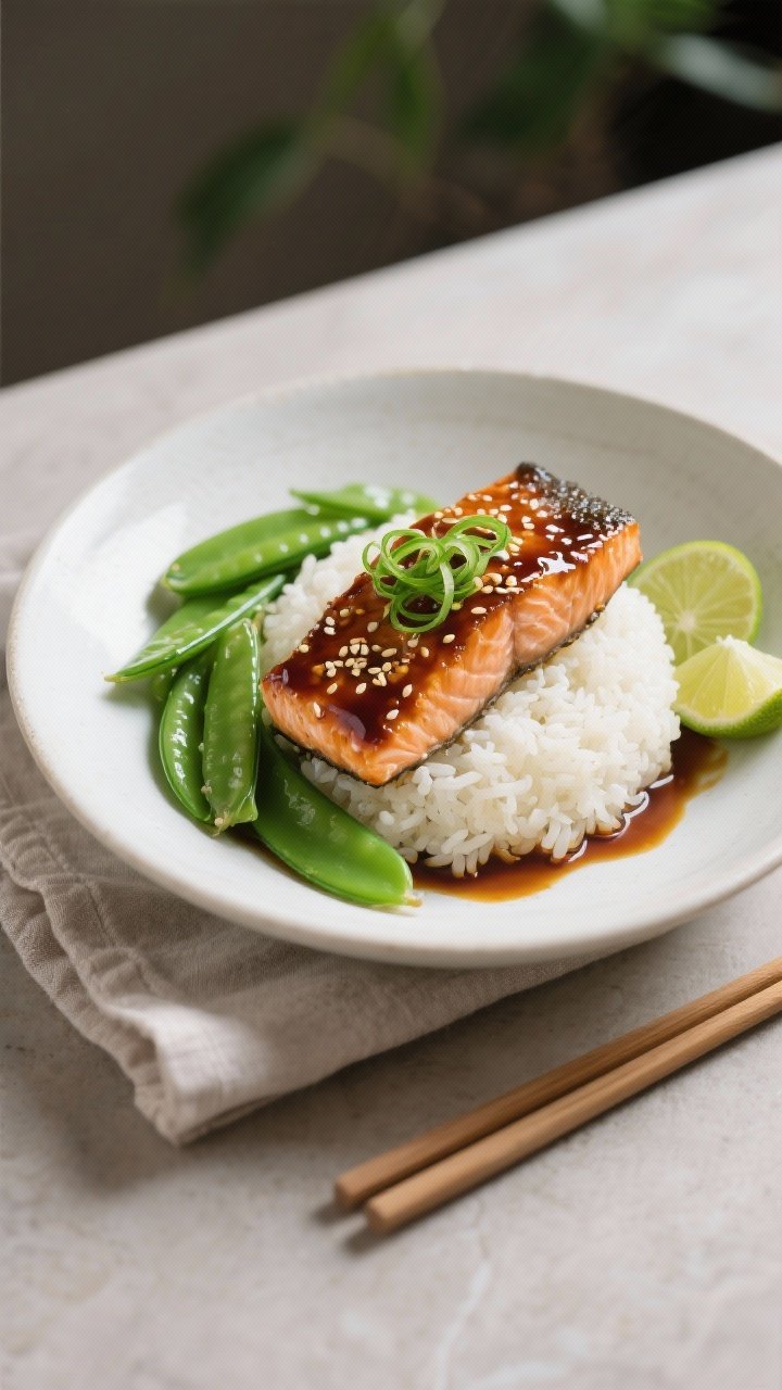 Final plated top-down: Overhead shot of Teriyaki Salmon & Snap Peas served over a neat mound of stea