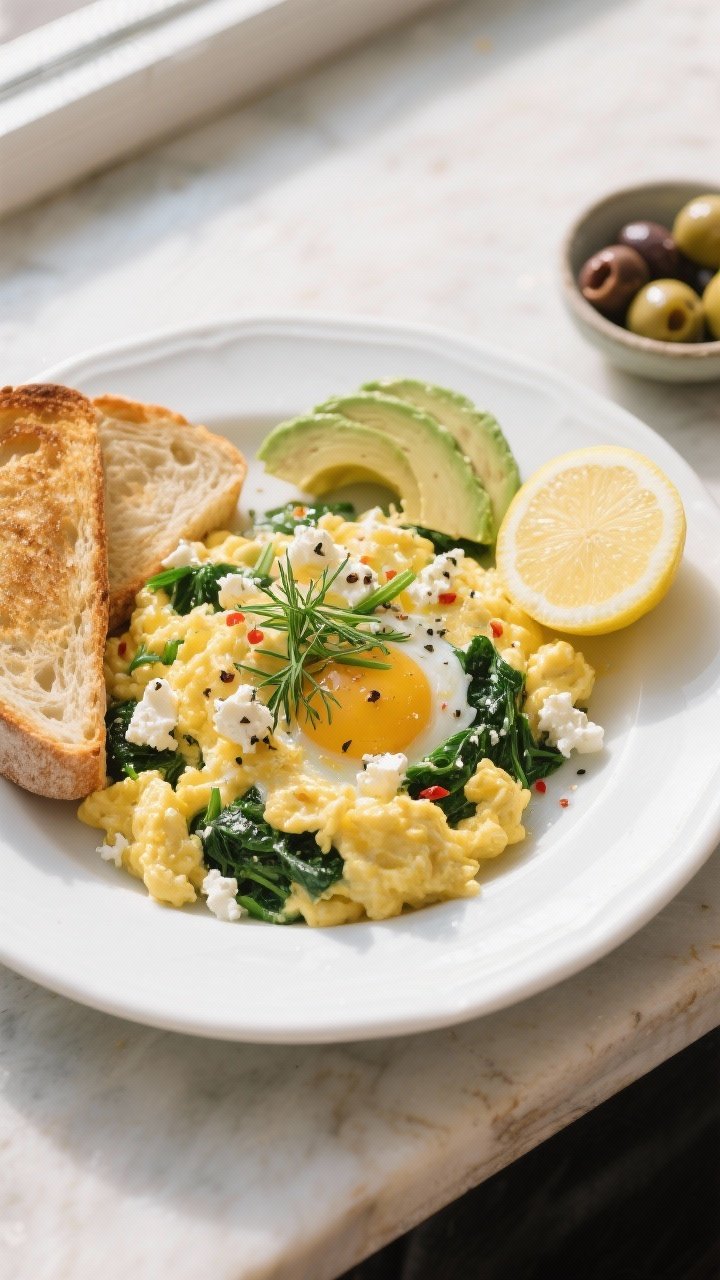 Final plated top view: Overhead shot of a beautifully plated Spinach & Feta Egg Scramble on a white 