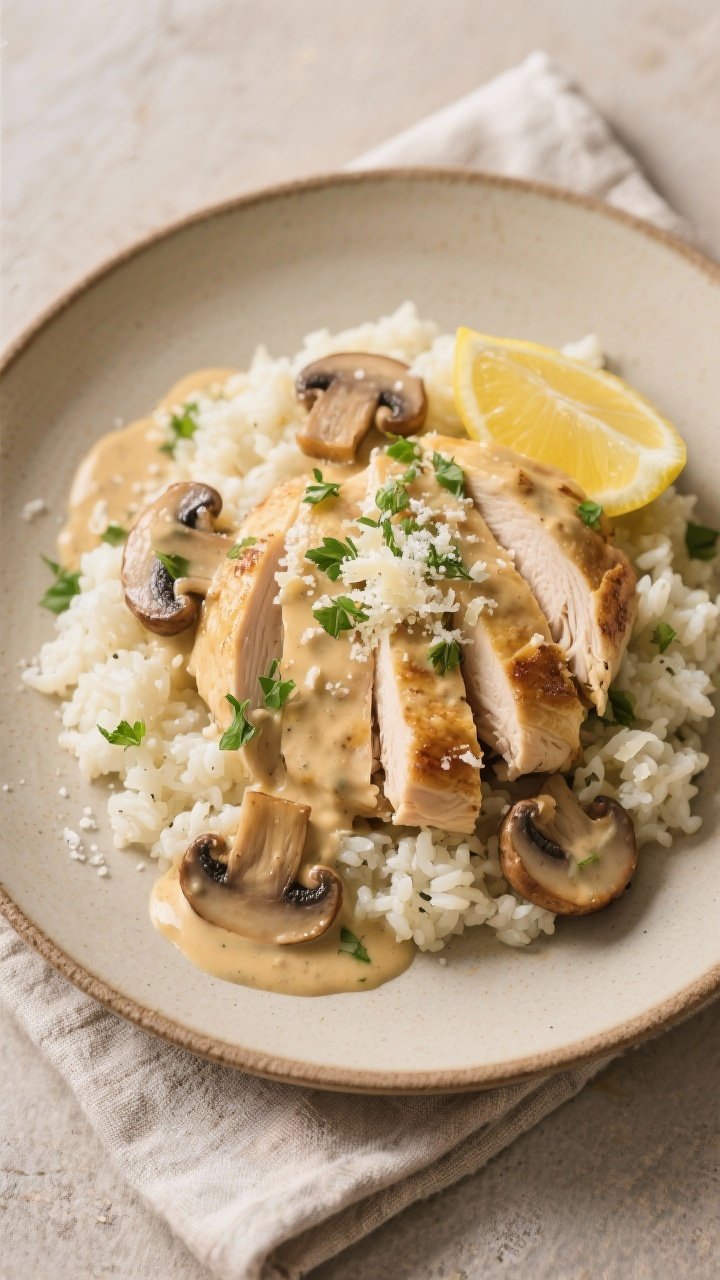 Final plated/top view: Overhead shot of Creamy Low Carb Mushroom Chicken plated restaurant-style—s