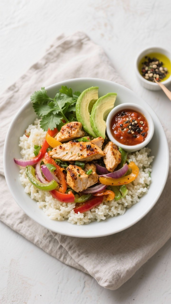 Final plated top view: Overhead shot of low-carb chicken fajita bowl over fluffy cauliflower rice, g