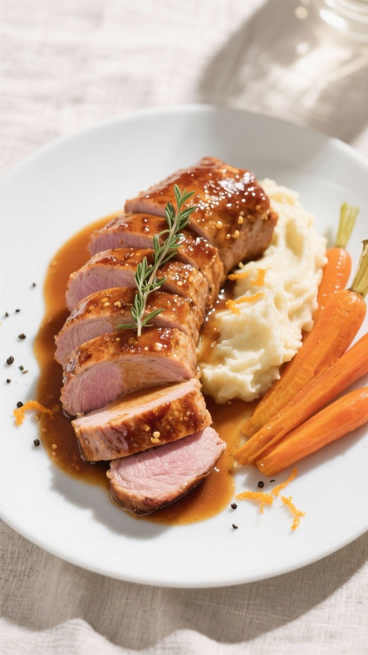 Final plated top view: Sliced maple Dijon pork tenderloin arranged in a tidy fan on a matte white pl