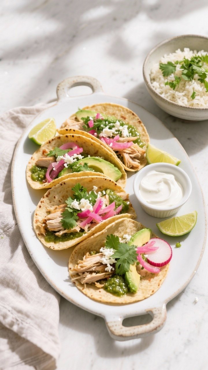 Final presentation overhead: Salsa verde chicken taco spread on a matte white platter and tortilla-w