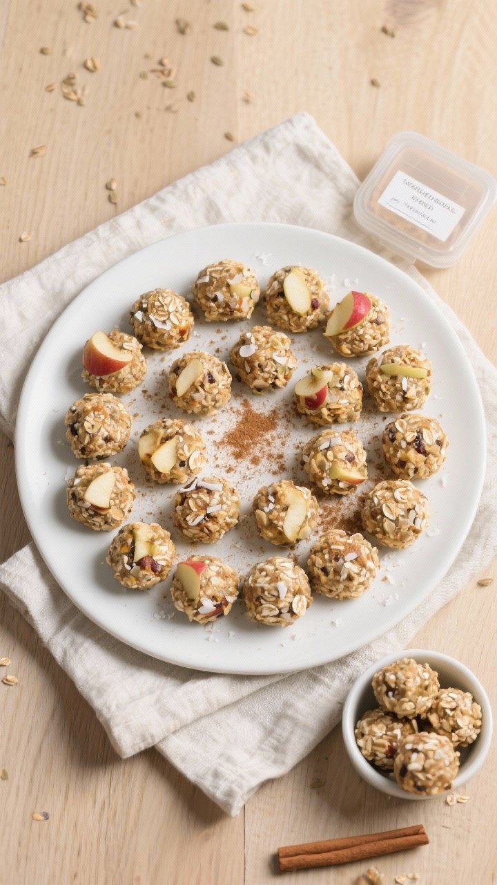 Final presentation overhead shot: A neatly arranged circle of no-bake apple energy bites on a matte 