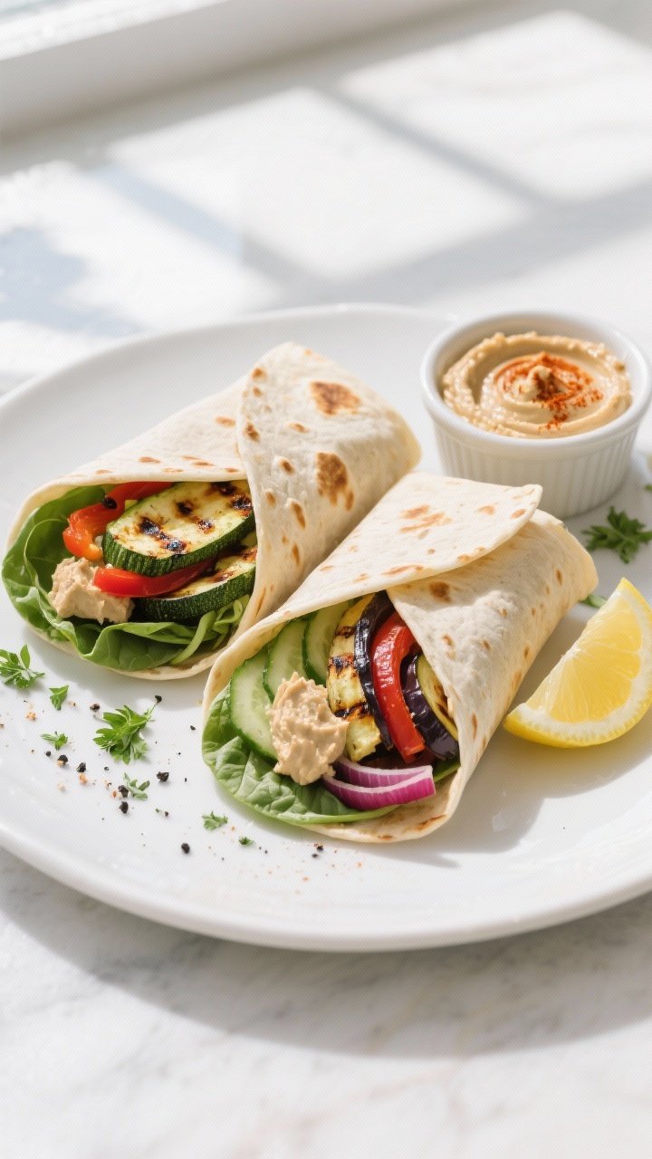 Final wrap, overhead hero shot: Grilled Veggie & Hummus Wrap sliced on a white ceramic plate, halves