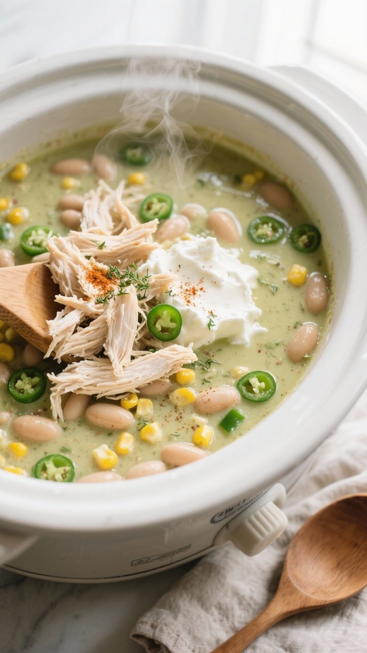 Overhead cooking process shot of Crockpot White Chicken Chili just after shredding and stirring the 