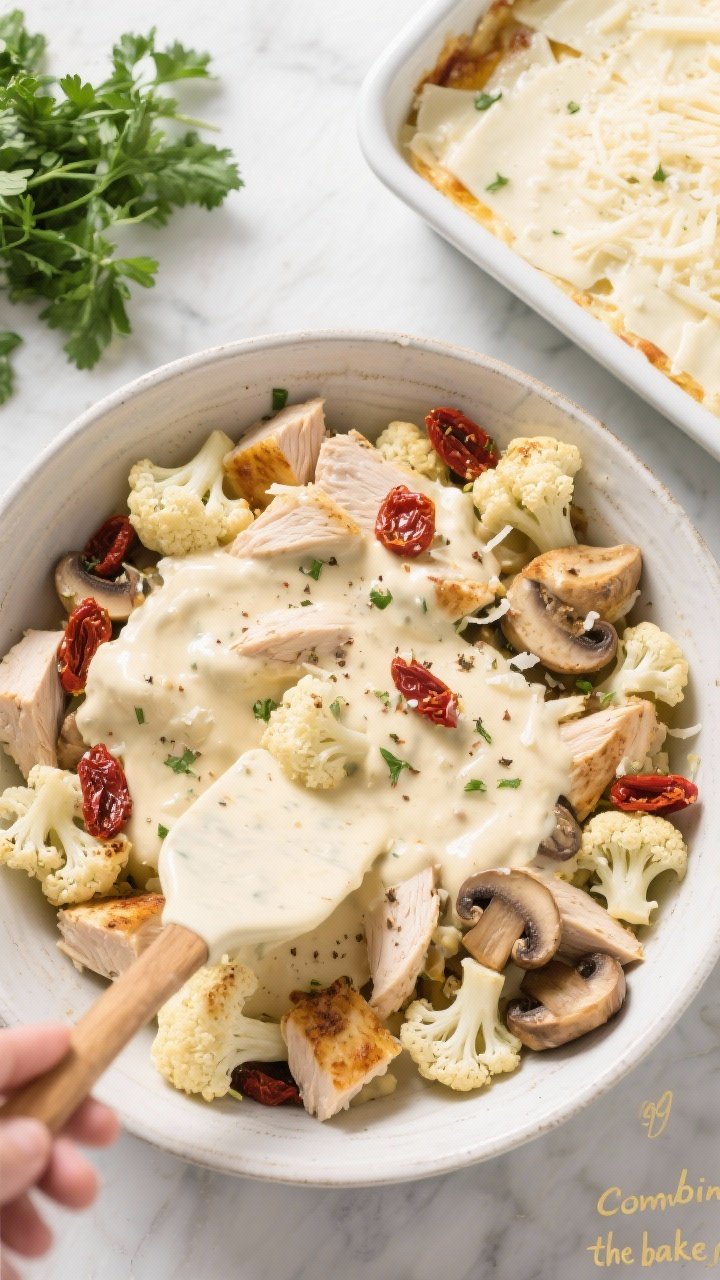 Overhead cooking-process shot showing the “combine the bake” step: a large bowl filled with roas