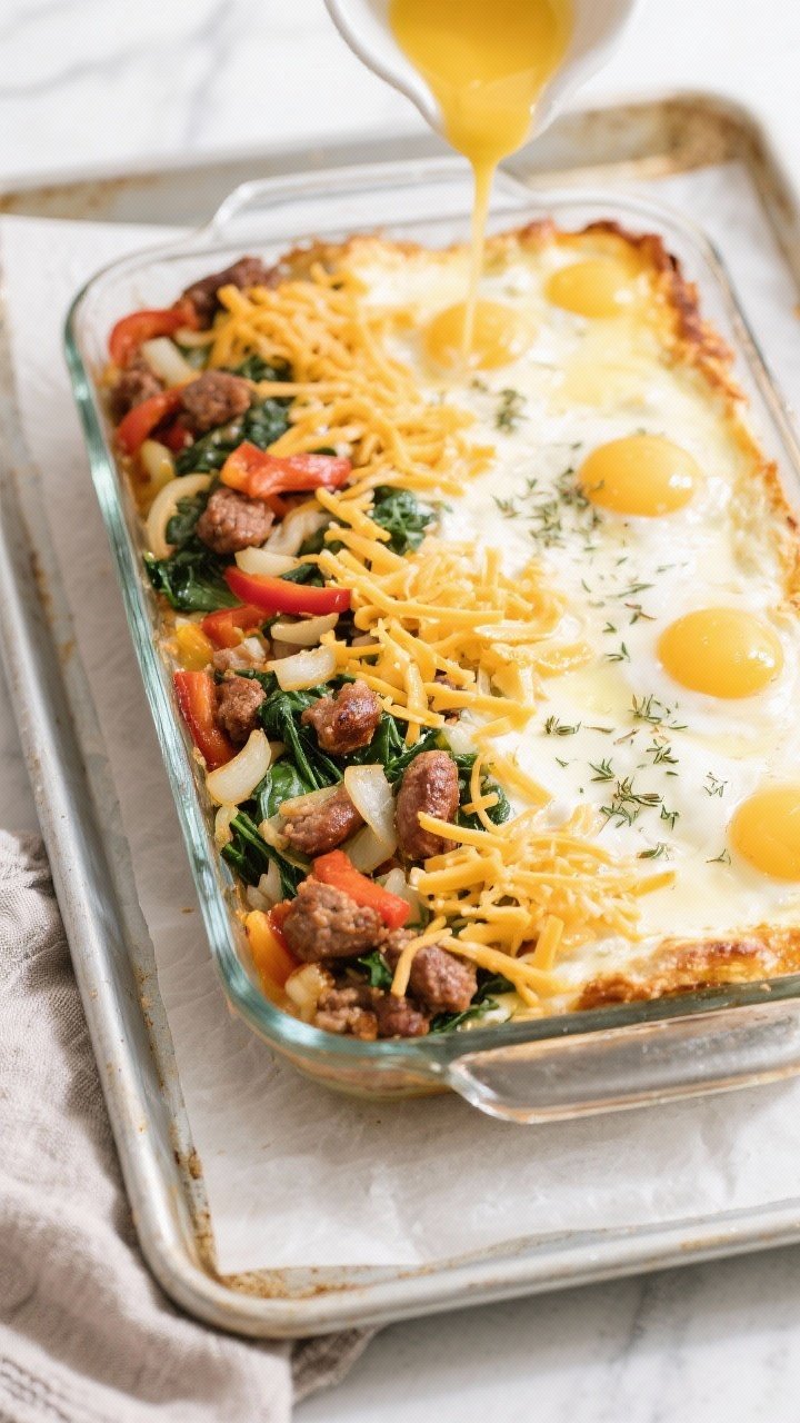Overhead cooking-process shot: The assembled casserole in a 9x13 dish right before baking, egg mixtu