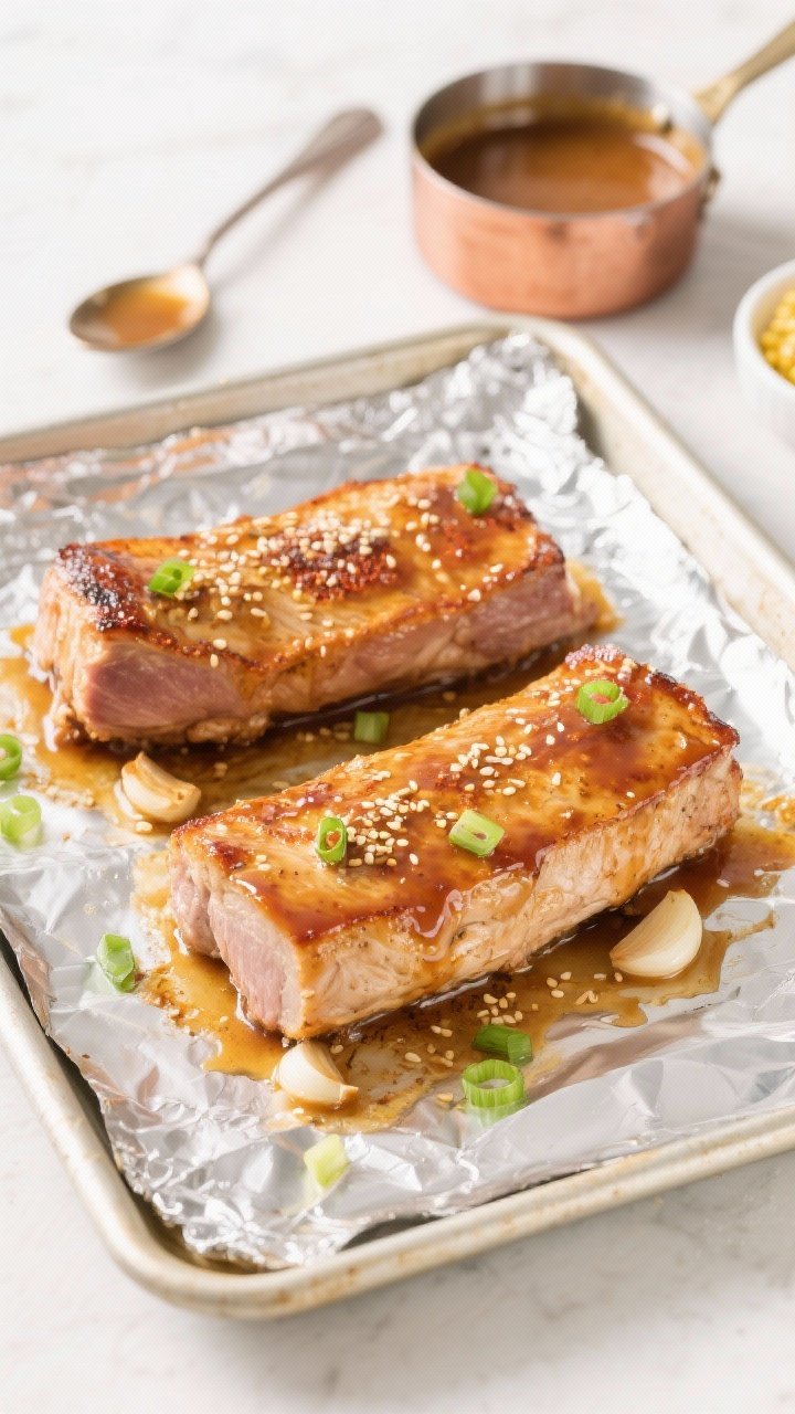 Overhead cooking process shot: Two pork tenderloins just out of the oven on a foil-lined rimmed shee