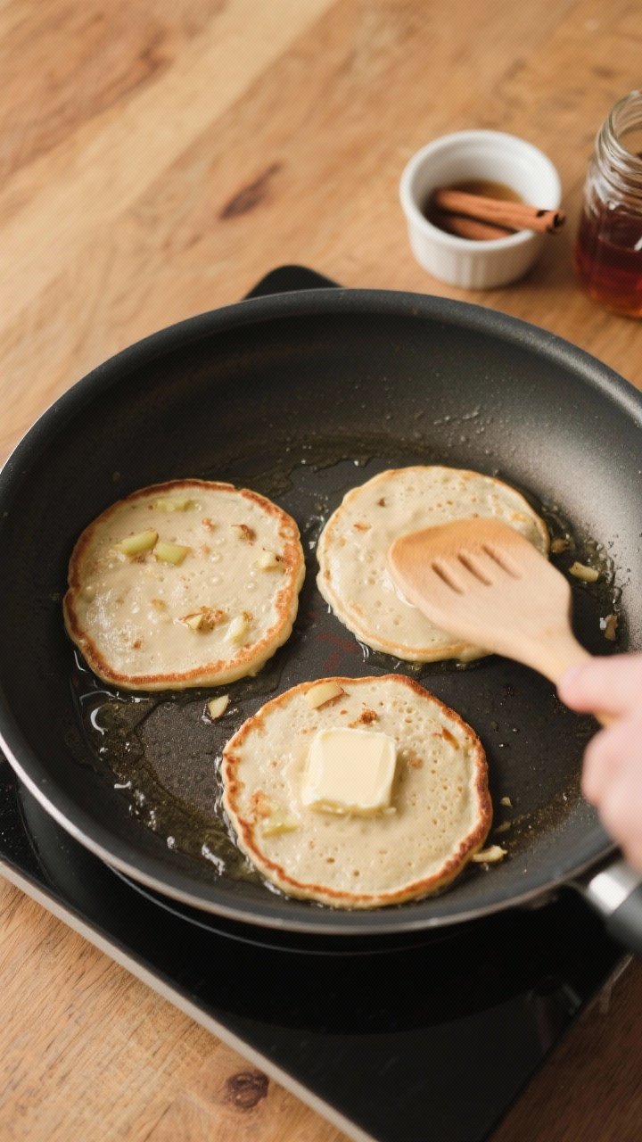 Overhead cooking process shot: Vegan apple pancake batter cooking on a preheated nonstick skillet—