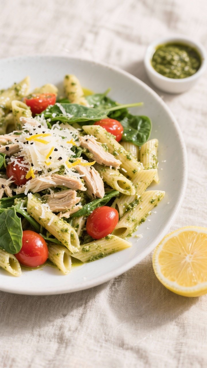 Overhead final dish: Tasty top-down shot of penne pesto pasta with shredded chicken, cherry tomatoes