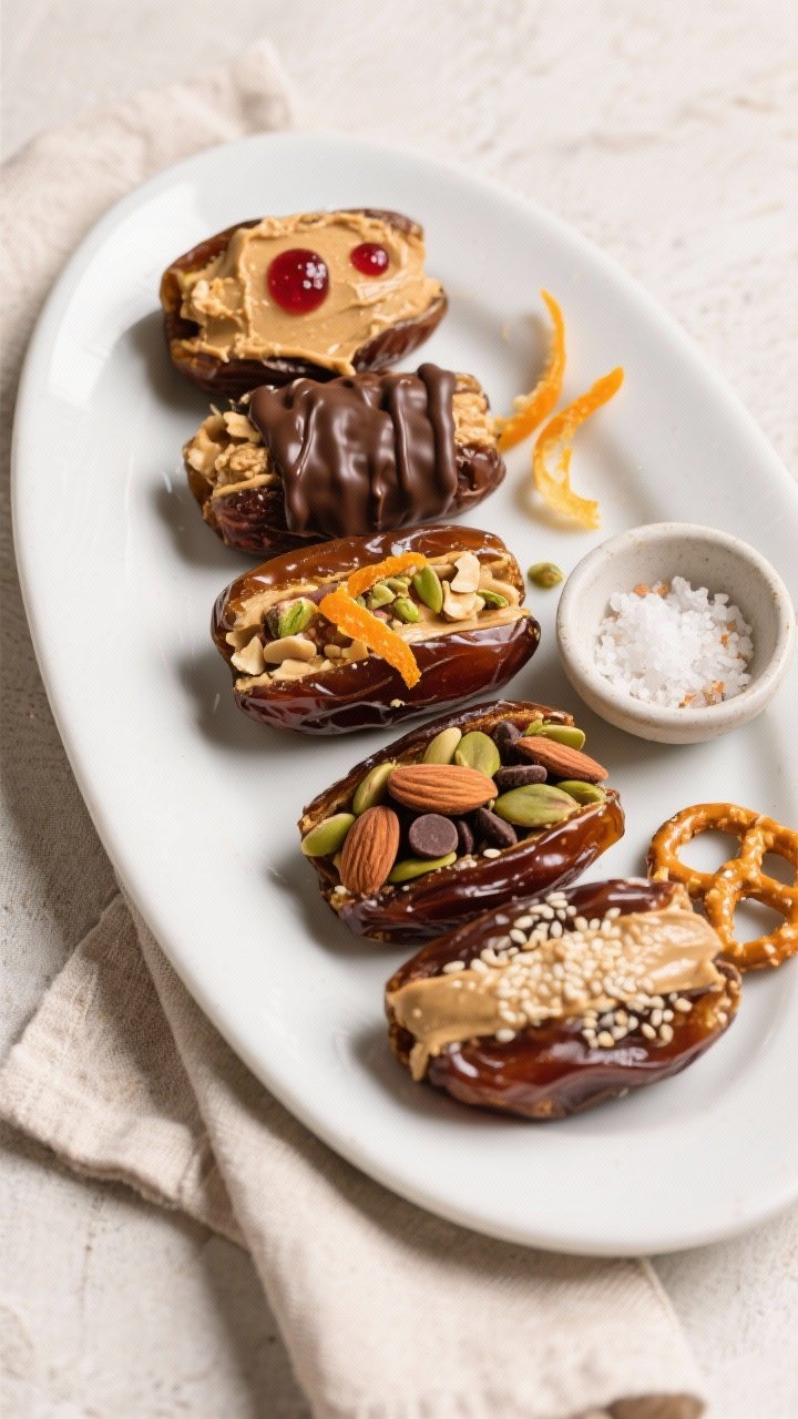 Overhead final platter presentation: a mixed-variation assortment of stuffed dates arranged on a whi