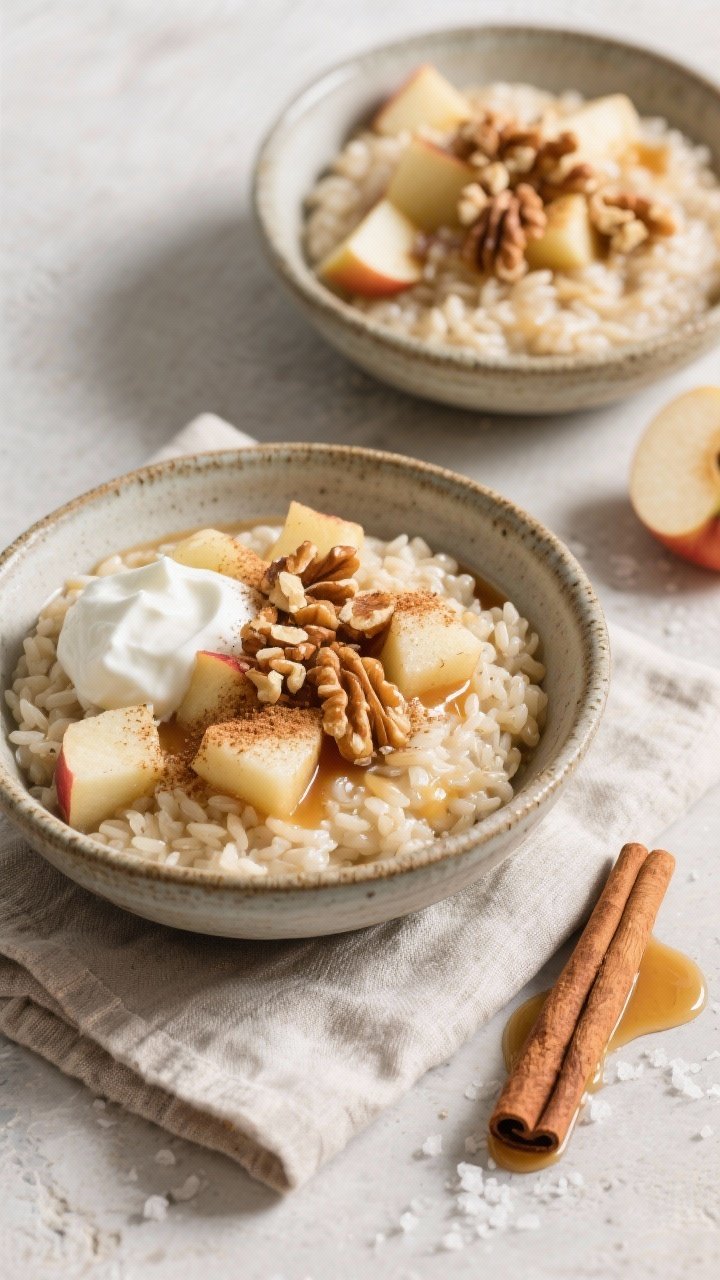 Overhead final presentation: Apple cinnamon rice pudding served warm in rustic ceramic bowls, lush a