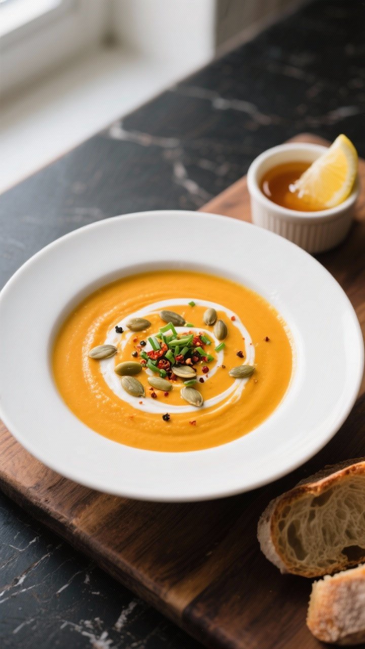 Overhead final presentation: creamy butternut squash soup in a wide white bowl with a precise swirl 
