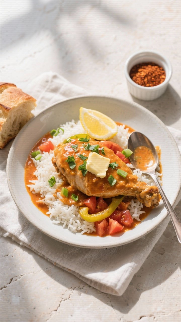 Overhead final presentation: creamy Cajun chicken spooned over fluffy white rice in a wide, shallow 