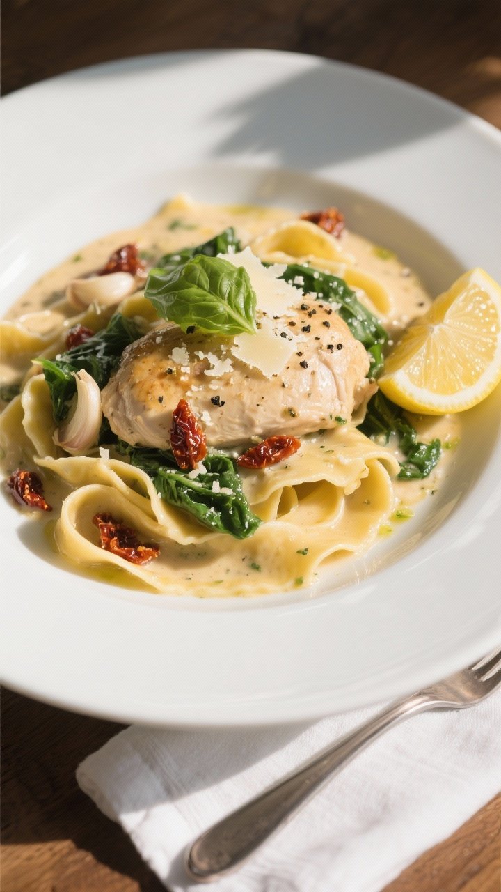 Overhead final presentation: Creamy Tuscan chicken spooned over al dente pappardelle on a wide, matt