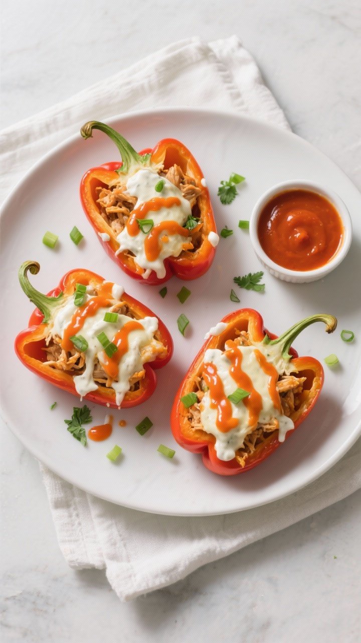 Overhead final presentation: Four buffalo chicken stuffed pepper halves arranged on a matte white pl