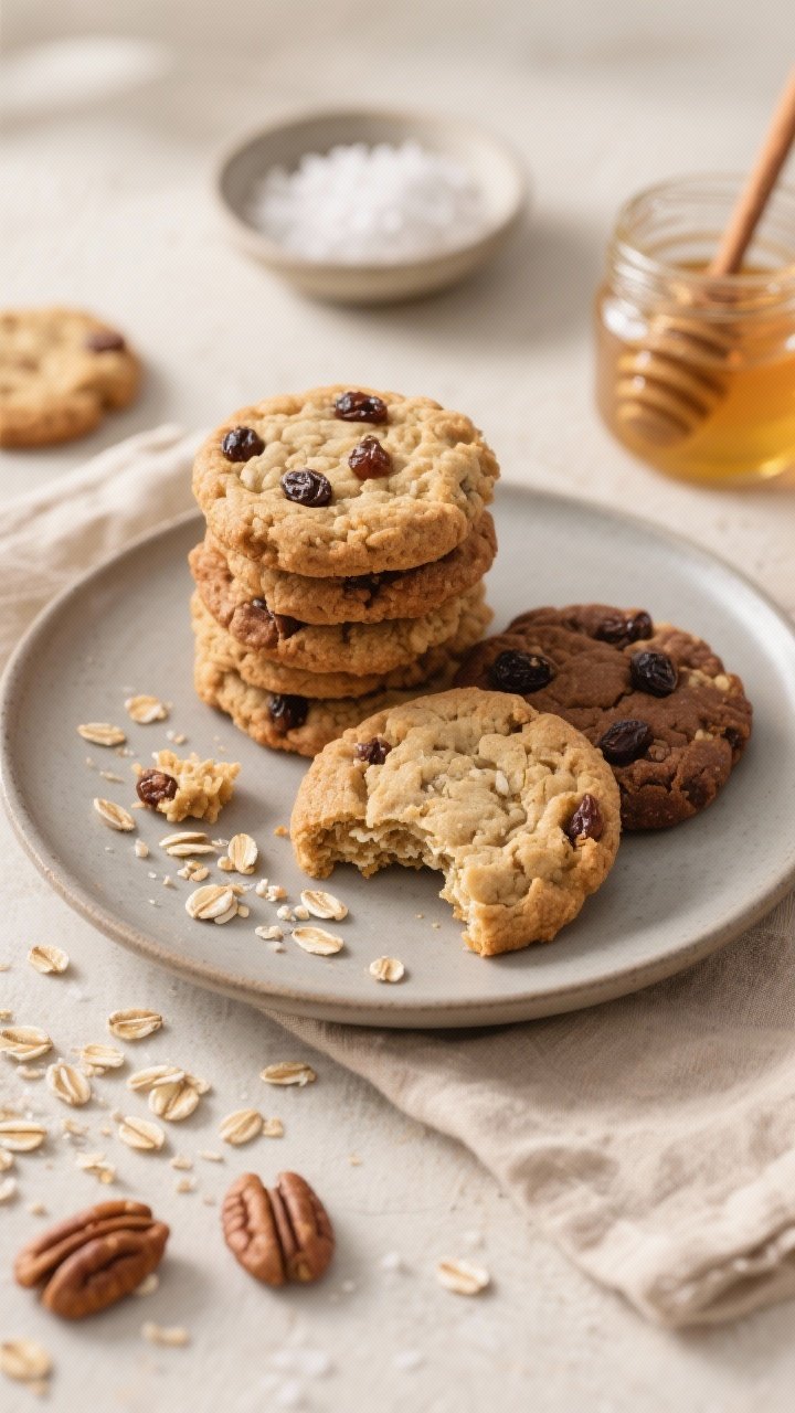 Overhead final presentation of a cozy cookie spread: a matte ceramic plate stacked with assorted hon