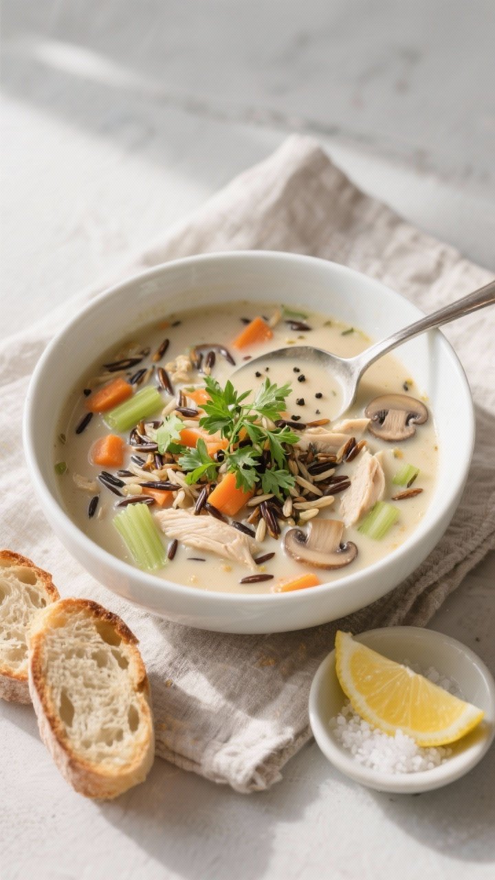 Overhead final presentation of a ladled bowl of Chicken Wild Rice Soup—rich, creamy base with scat